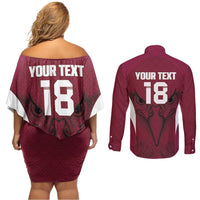 Custom Qatar Football Couples Matching Off Shoulder Short Dress and Long Sleeve Button Shirt Maroon Falcon Spirit Red Version - Wonder Print Shop