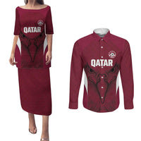 Custom Qatar Football Couples Matching Puletasi and Long Sleeve Button Shirt Maroon Falcon Spirit Red Version - Wonder Print Shop