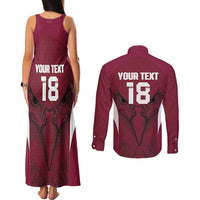 Custom Qatar Football Couples Matching Tank Maxi Dress and Long Sleeve Button Shirt Maroon Falcon Spirit Red Version - Wonder Print Shop