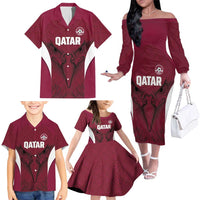 Custom Qatar Football Family Matching Off The Shoulder Long Sleeve Dress and Hawaiian Shirt Maroon Falcon Spirit Red Version - Wonder Print Shop