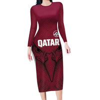 Custom Qatar Football Long Sleeve Bodycon Dress Maroon Falcon Spirit Red Version - Wonder Print Shop