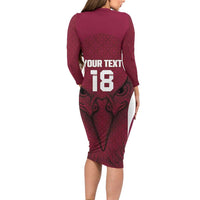 Custom Qatar Football Long Sleeve Bodycon Dress Maroon Falcon Spirit Red Version - Wonder Print Shop