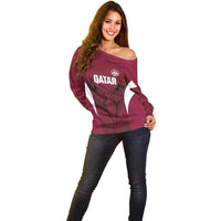 Custom Qatar Football Off Shoulder Sweater Maroon Falcon Spirit Red Version - Wonder Print Shop