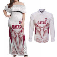 Custom Qatar Football Couples Matching Off Shoulder Maxi Dress and Long Sleeve Button Shirt Maroon Falcon Spirit White Version - Wonder Print Shop