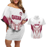 Custom Qatar Football Couples Matching Off Shoulder Short Dress and Hawaiian Shirt Maroon Falcon Spirit White Version - Wonder Print Shop