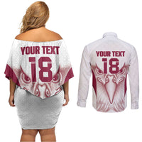 Custom Qatar Football Couples Matching Off Shoulder Short Dress and Long Sleeve Button Shirt Maroon Falcon Spirit White Version - Wonder Print Shop