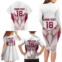 Custom Qatar Football Family Matching Long Sleeve Bodycon Dress and Hawaiian Shirt Maroon Falcon Spirit White Version - Wonder Print Shop