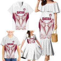 Custom Qatar Football Family Matching Mermaid Dress and Hawaiian Shirt Maroon Falcon Spirit White Version - Wonder Print Shop