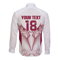 Custom Qatar Football Long Sleeve Button Shirt Maroon Falcon Spirit White Version - Wonder Print Shop