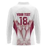 Custom Qatar Football Long Sleeve Polo Shirt Maroon Falcon Spirit White Version - Wonder Print Shop