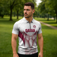 Custom Qatar Football Zipper Polo Shirt Maroon Falcon Spirit White Version - Wonder Print Shop