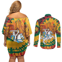 Lithuania Independence Day Couples Matching Off Shoulder Short Dress and Long Sleeve Button Shirt Vytis Knight National Pride