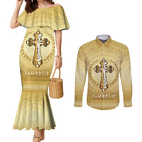 Greece Orthodox Cross Couples Matching Mermaid Dress and Long Sleeve Button Shirt Ancient Greek Key Gold Heritage