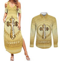 Greece Orthodox Cross Couples Matching Summer Maxi Dress and Long Sleeve Button Shirt Ancient Greek Key Gold Heritage