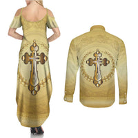 Greece Orthodox Cross Couples Matching Summer Maxi Dress and Long Sleeve Button Shirt Ancient Greek Key Gold Heritage