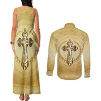 Greece Orthodox Cross Couples Matching Tank Maxi Dress and Long Sleeve Button Shirt Ancient Greek Key Gold Heritage