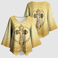 Greece Orthodox Cross Kimono Sleeve Blouse Ancient Greek Key Gold Heritage