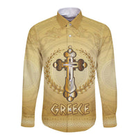 Greece Orthodox Cross Long Sleeve Button Shirt Ancient Greek Key Gold Heritage