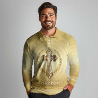 Greece Orthodox Cross Long Sleeve Polo Shirt Ancient Greek Key Gold Heritage