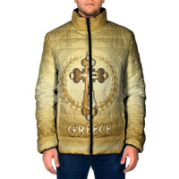 Greece Orthodox Cross Padded Jacket Ancient Greek Key Gold Heritage