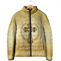Greece Orthodox Cross Padded Jacket Ancient Greek Key Gold Heritage