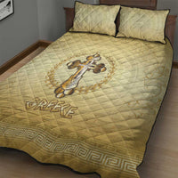 Greece Orthodox Cross Quilt Bed Set Ancient Greek Key Gold Heritage