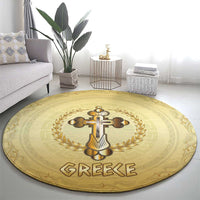 Greece Orthodox Cross Round Carpet Ancient Greek Key Gold Heritage