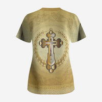 Greece Orthodox Cross Scrub Top Ancient Greek Key Gold Heritage