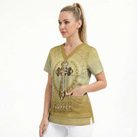 Greece Orthodox Cross Scrub Top Ancient Greek Key Gold Heritage