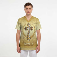 Greece Orthodox Cross Scrub Top Ancient Greek Key Gold Heritage