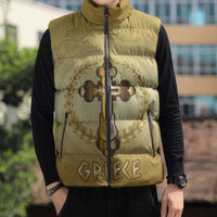 Greece Orthodox Cross Sleeveless Puffer Jacket Ancient Greek Key Gold Heritage