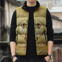 Greece Orthodox Cross Sleeveless Puffer Jacket Ancient Greek Key Gold Heritage