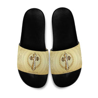 Greece Orthodox Cross Slide Sandals Ancient Greek Key Gold Heritage