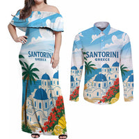 Greece Santorini Personalized Couples Matching Off Shoulder Maxi Dress and Long Sleeve Button Shirt Greek Island Blue Dome Architecture Art