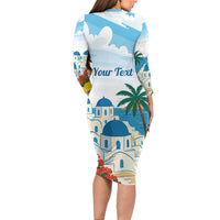 Greece Santorini Personalized Long Sleeve Bodycon Dress Greek Island Blue Dome Architecture Art