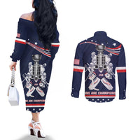 United States Ice Hockey Couples Matching Off The Shoulder Long Sleeve Dress and Long Sleeve Button Shirt USA We Are Champions 2025