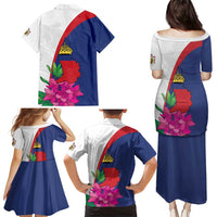 Furstentum Liechtenstein Family Matching Puletasi and Hawaiian Shirt Kestrel With Alpine Rose Flower