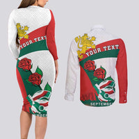 Personalized Bulgaria Unification Day Couples Matching Long Sleeve Bodycon Dress and Long Sleeve Button Shirt Lion Rampant Red Rose