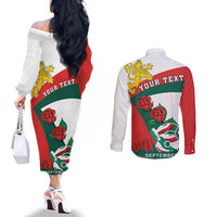 Personalized Bulgaria Unification Day Couples Matching Off The Shoulder Long Sleeve Dress and Long Sleeve Button Shirt Lion Rampant Red Rose
