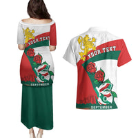Personalized Bulgaria Unification Day Couples Matching Puletasi and Hawaiian Shirt Lion Rampant Red Rose