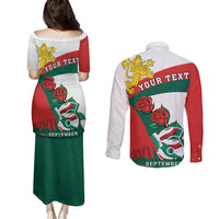 Personalized Bulgaria Unification Day Couples Matching Puletasi and Long Sleeve Button Shirt Lion Rampant Red Rose