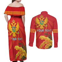 Personalized Montenegro Independence Day Couples Matching Off Shoulder Maxi Dress and Long Sleeve Button Shirt Coat Of Arms With Mimoza