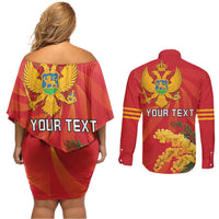 Personalized Montenegro Independence Day Couples Matching Off Shoulder Short Dress and Long Sleeve Button Shirt Coat Of Arms With Mimoza