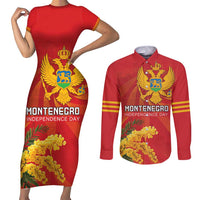 Personalized Montenegro Independence Day Couples Matching Short Sleeve Bodycon Dress and Long Sleeve Button Shirt Coat Of Arms With Mimoza