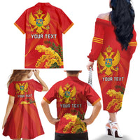 Personalized Montenegro Independence Day Family Matching Off The Shoulder Long Sleeve Dress and Hawaiian Shirt Coat Of Arms With Mimoza