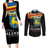 Happy Aland's Autonomy Day Couples Matching Long Sleeve Bodycon Dress and Long Sleeve Button Shirt Coat Of Arms