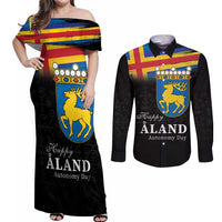 Happy Aland's Autonomy Day Couples Matching Off Shoulder Maxi Dress and Long Sleeve Button Shirt Coat Of Arms
