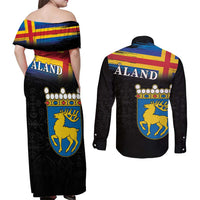 Happy Aland's Autonomy Day Couples Matching Off Shoulder Maxi Dress and Long Sleeve Button Shirt Coat Of Arms