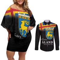 Happy Aland's Autonomy Day Couples Matching Off Shoulder Short Dress and Long Sleeve Button Shirt Coat Of Arms