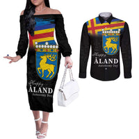 Happy Aland's Autonomy Day Couples Matching Off The Shoulder Long Sleeve Dress and Long Sleeve Button Shirt Coat Of Arms